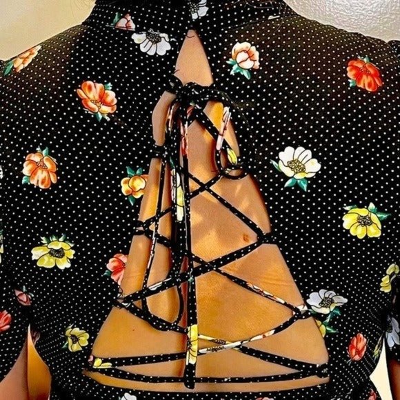 Hayden Midi Summer Dress Floral Spring Asian Retro Pinup Vibe Polkadot Cutout L - Picture 3 of 7